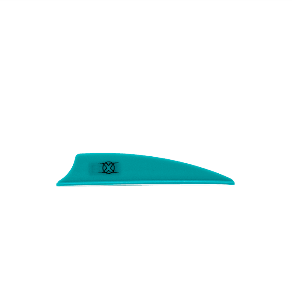 Turquoise Bohning archery X vane shield cut 2.25 inch fletching on gray background
