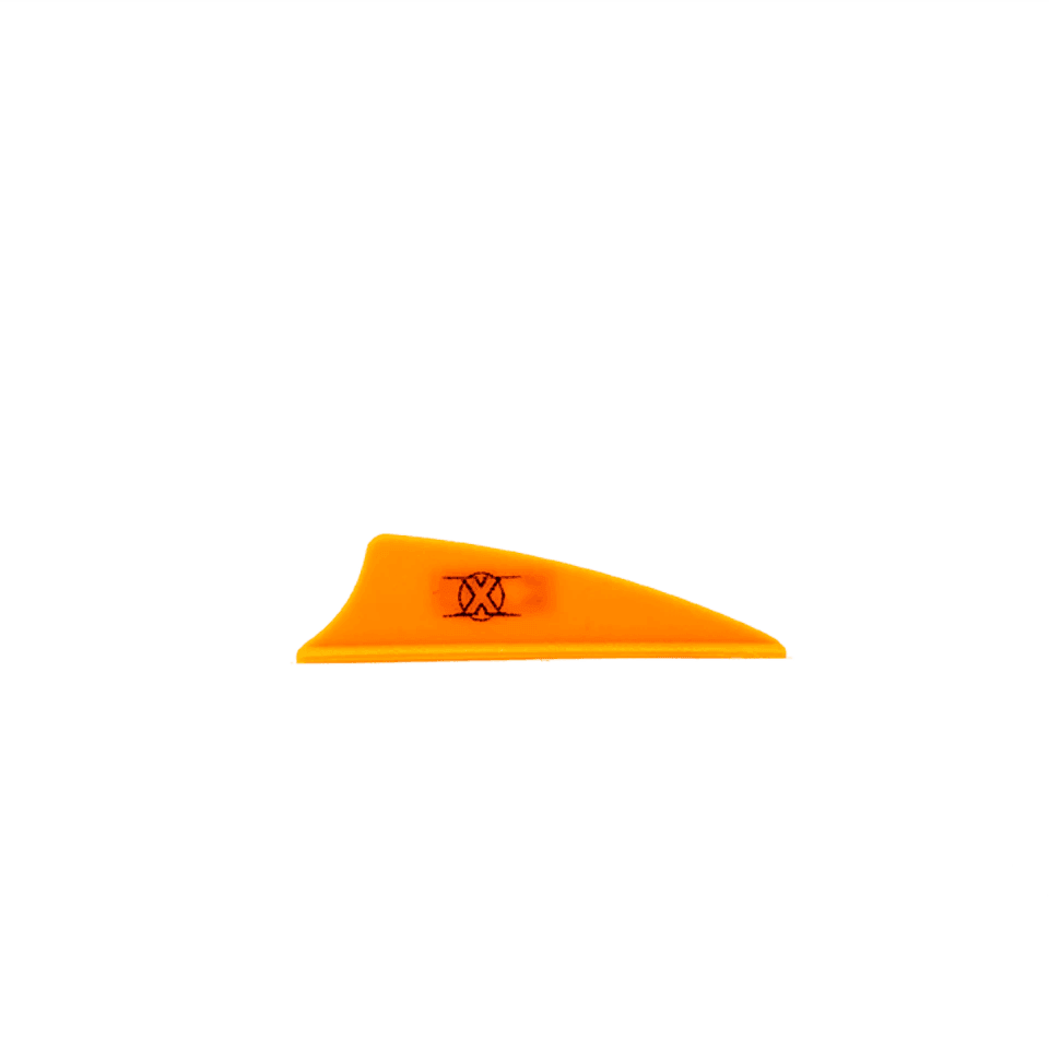 Orange Bohning X Vane 2.25 inch shield cut arrow fletching on grey background