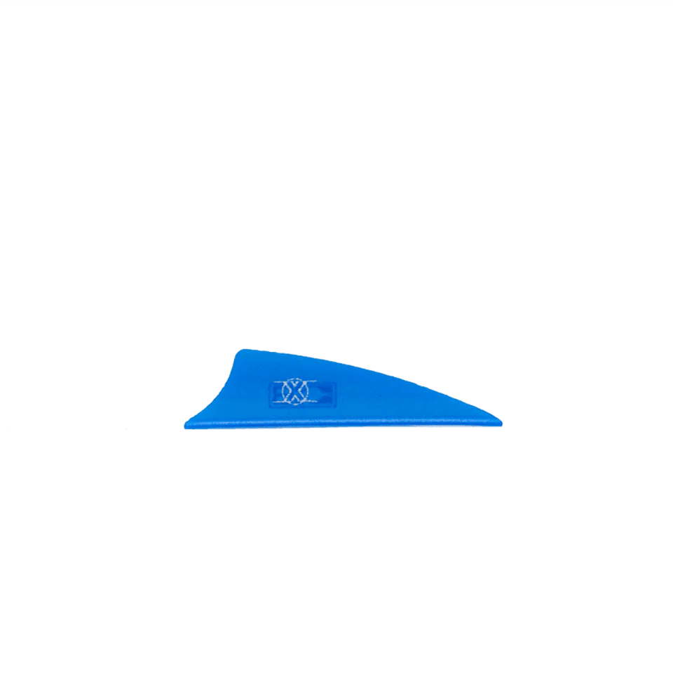 Blue Bohning X Vane 2.25 inch shield cut arrow fletching on gray background