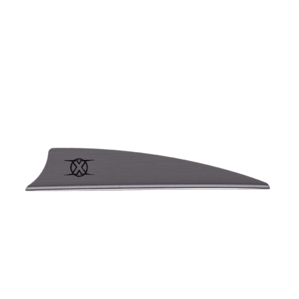 Gray Bohning Archery X Vane shield cut arrow fletching with black logo on plain background