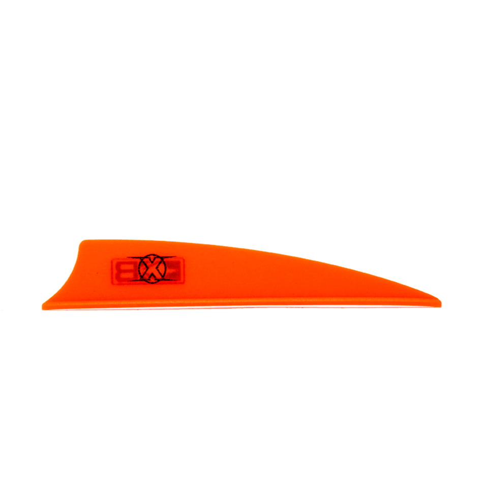 Orange Bohning X Vane arrow fletching with shield cut on gray background