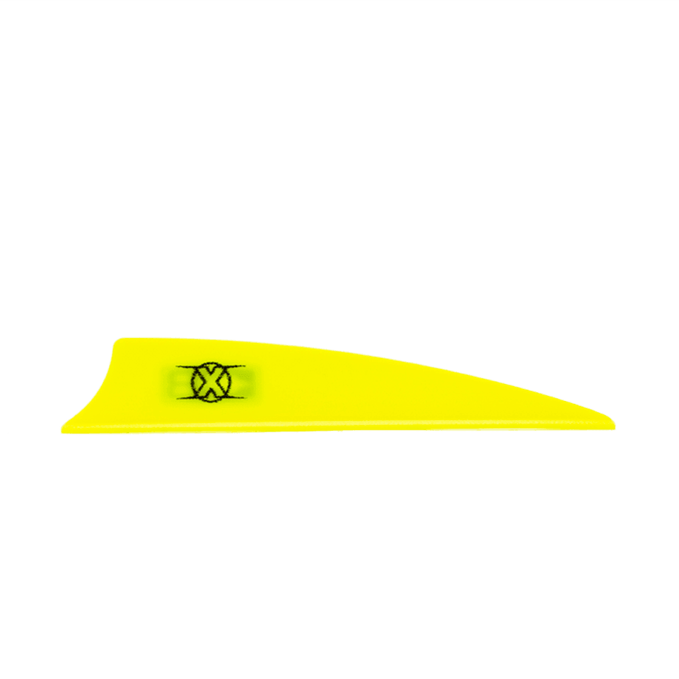 Yellow Bohning X Vane archery shield cut fletching on gray background