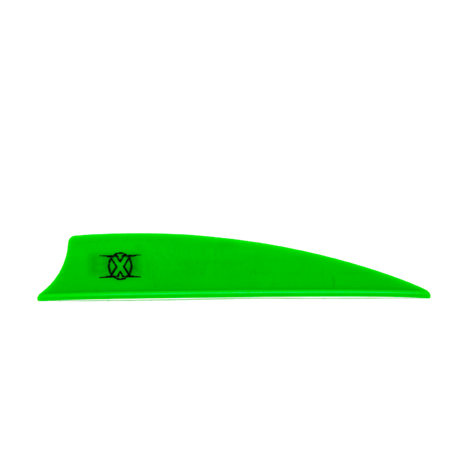 Green Bohning archery X Vane shield cut fletching with logo on gray background