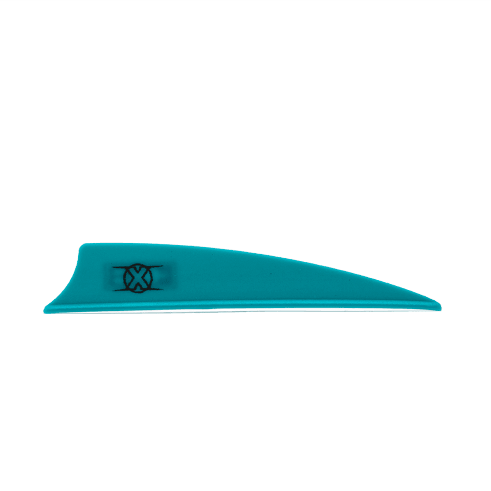 Teal Bohning Archery X Vane Shield Cut arrow vane with black X logo on gray background