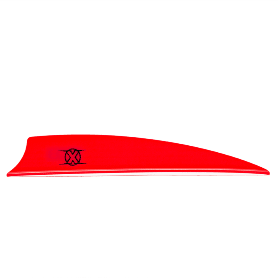 Red Bohning Archery X Vane shield cut fletching with black X logo on white background