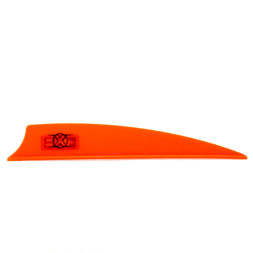 Orange Bohning X Vane 3.5 inch shield cut arrow fletching on grey background