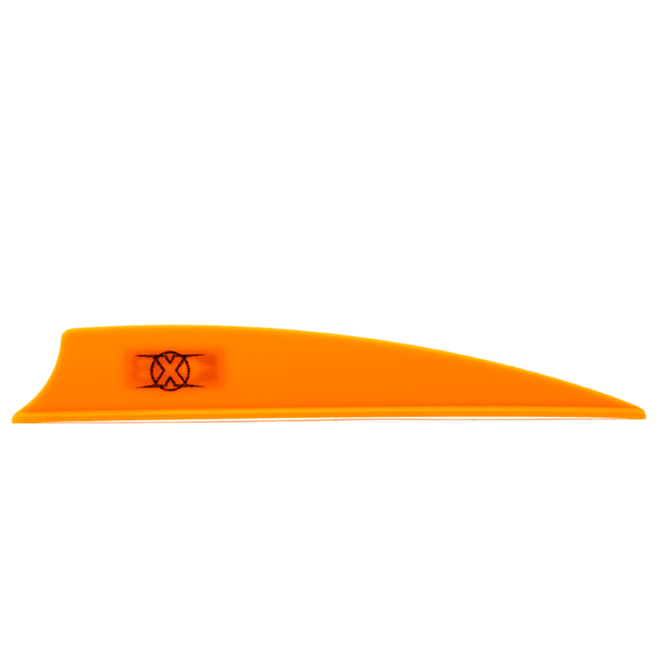 Orange Bohning X Vane shield cut 3.5 inch archery fletching, isolated on grey.