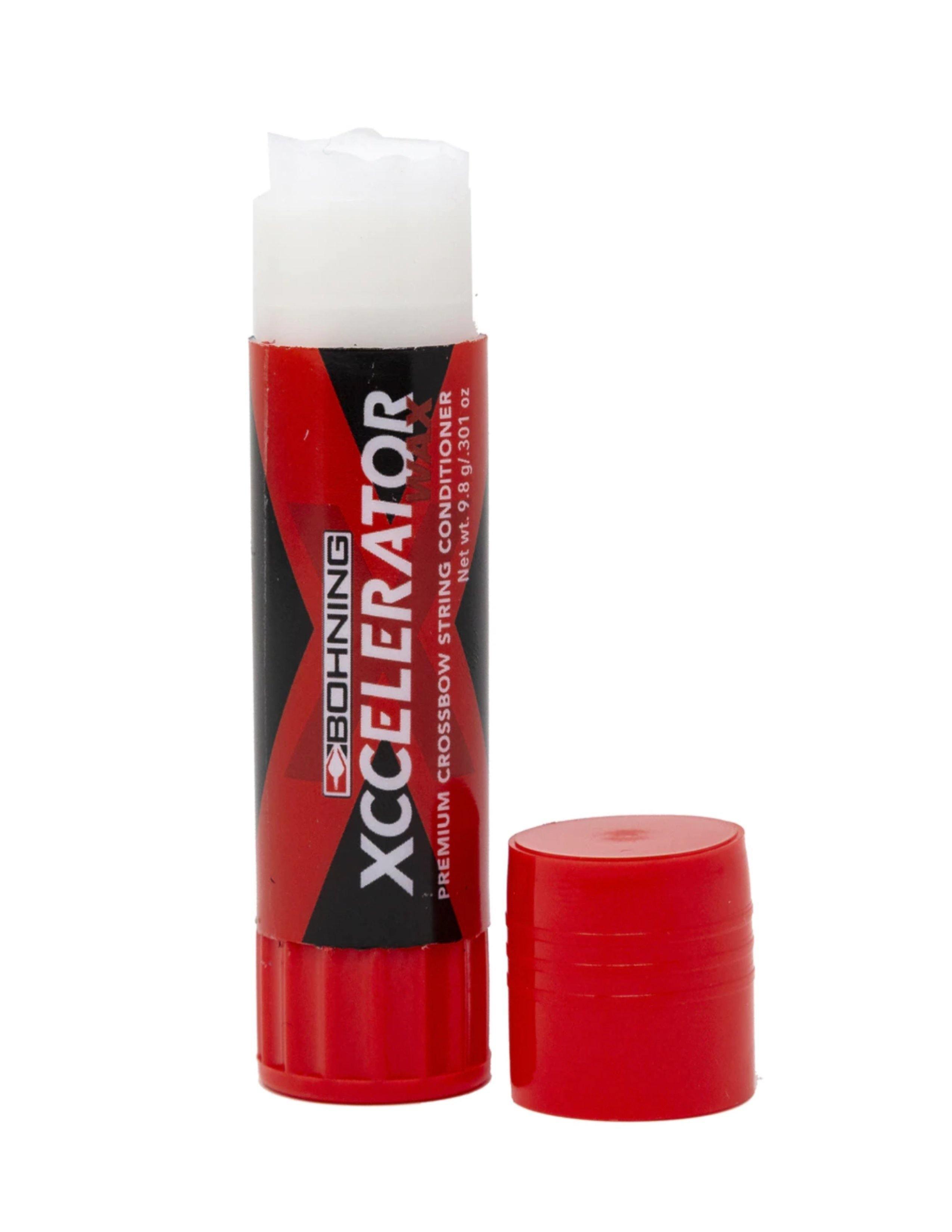 Bohning Xccelerator crossbow string wax stick with red cap on white background