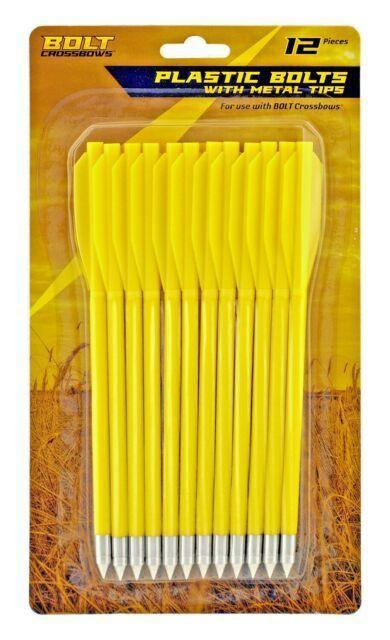 Pack of 12 yellow plastic crossbow bolts with metal tips in retail packaging