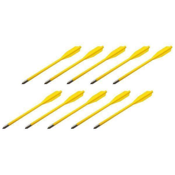 12 yellow plastic crossbow bolts with metal tips arranged on a white background