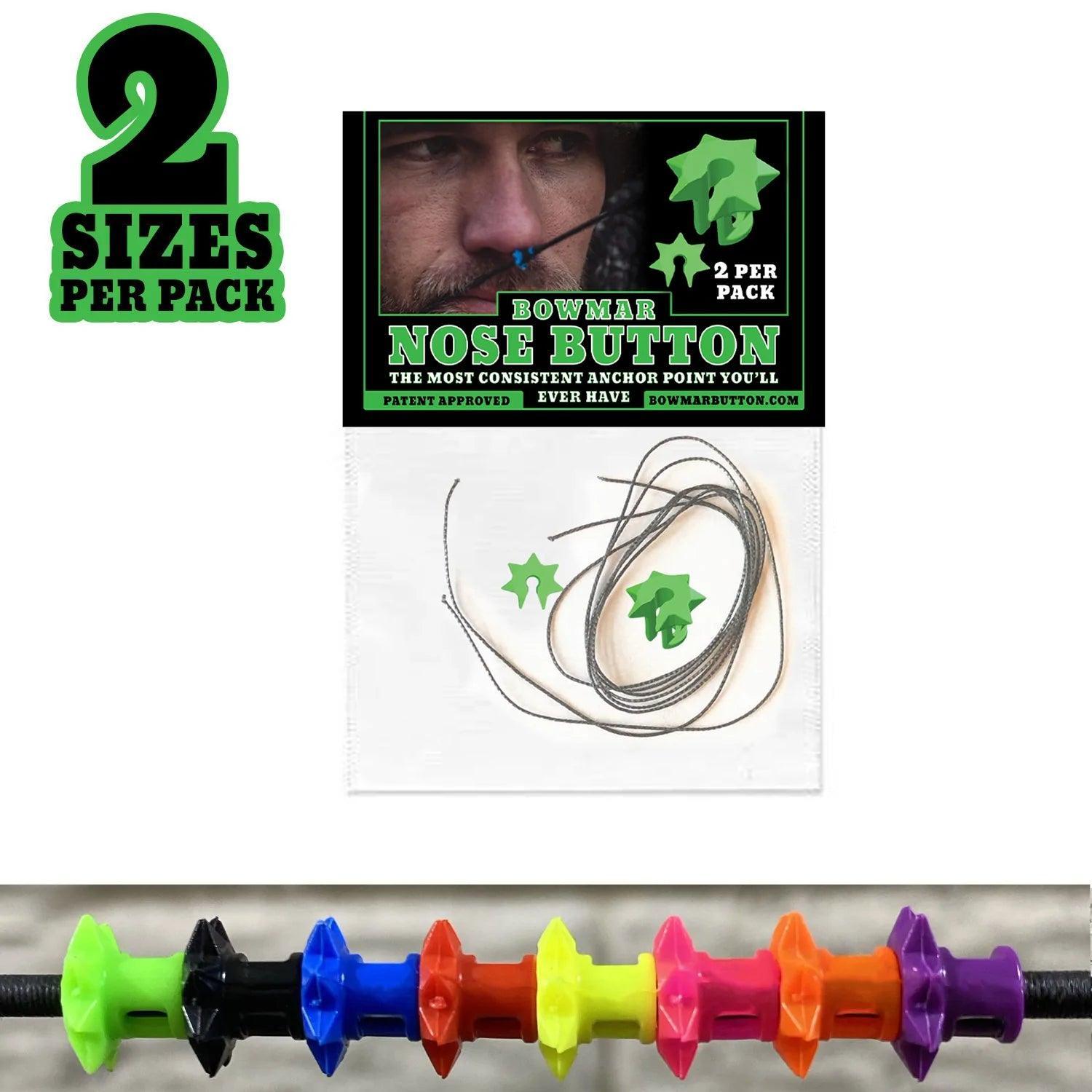 Bowmar Archery Nose Button pack with two green nose buttons, string, and display of multicolor buttons.