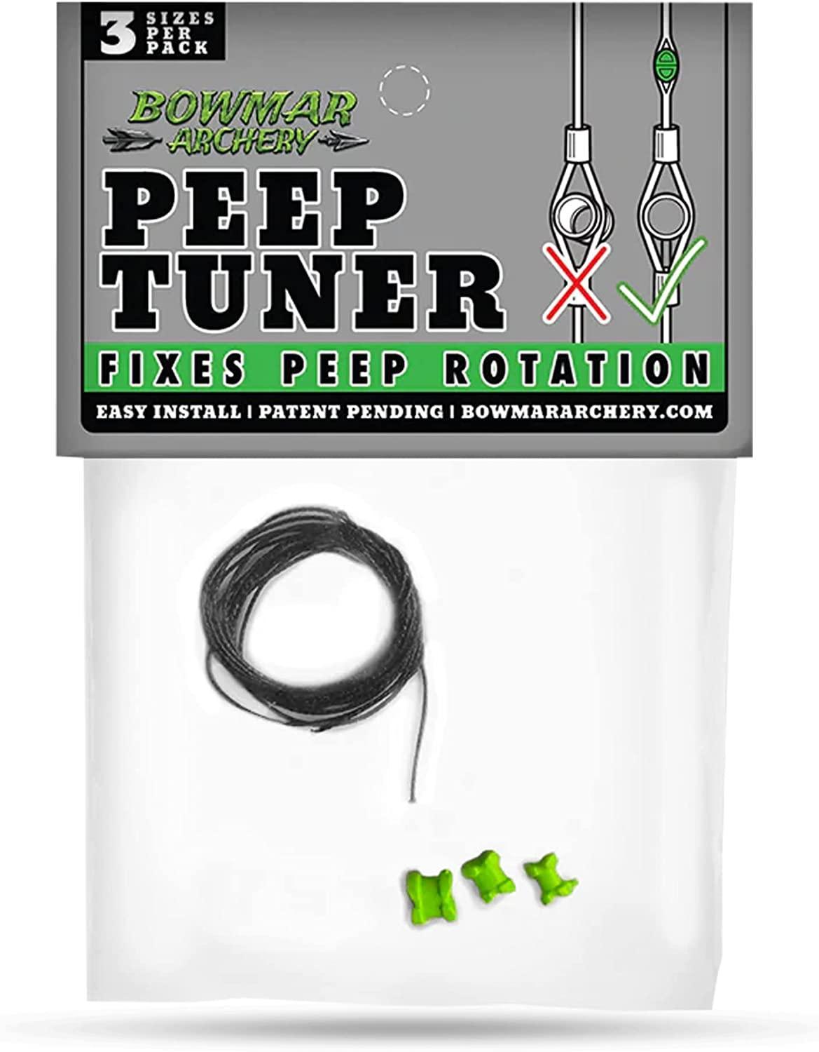 Bowmar Archery Peep Tuner package with tuning string and three green peep tuners for bows