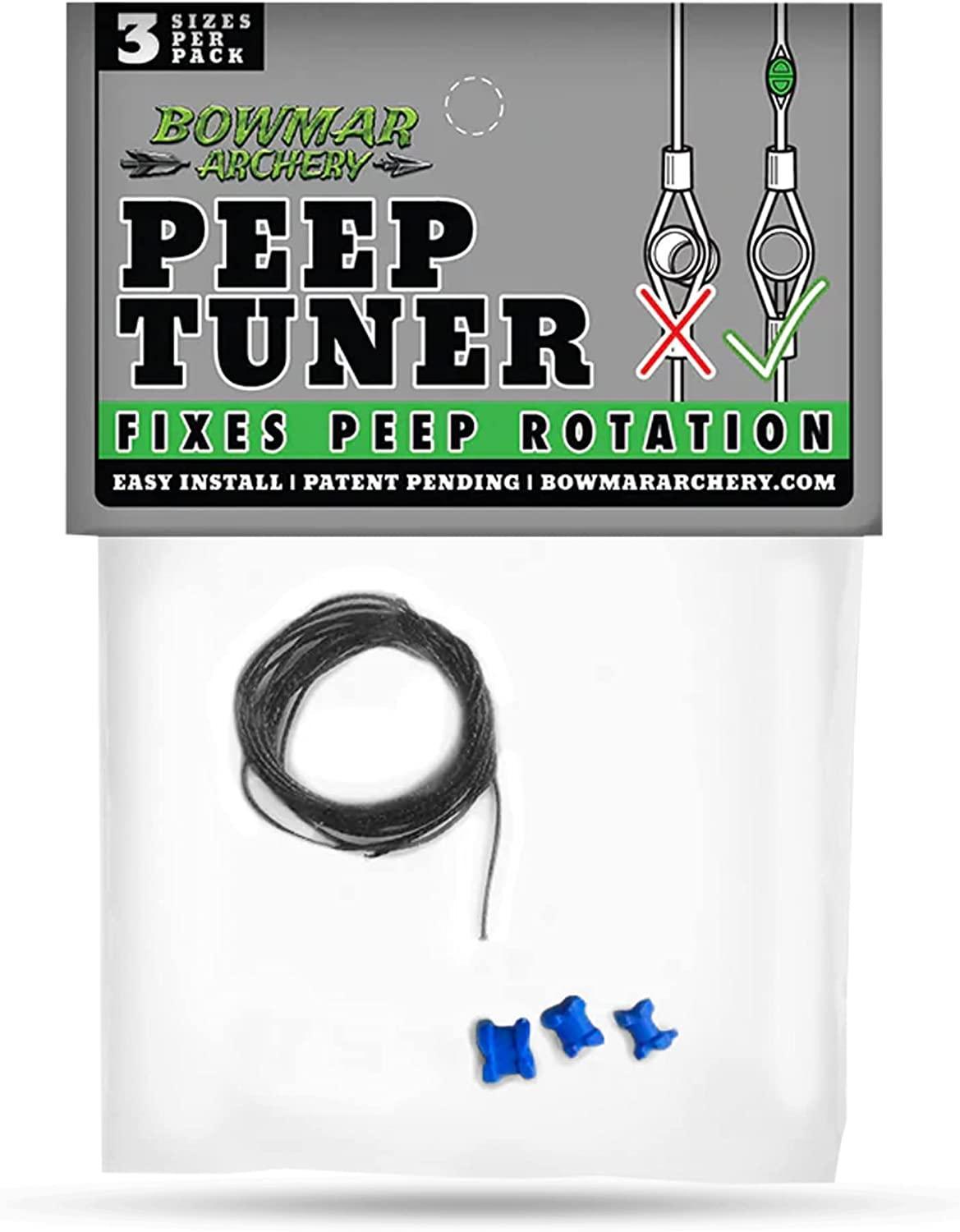 Bowmar Archery Peep Tuner package with string and three blue tuning clips for fixing peep rotation