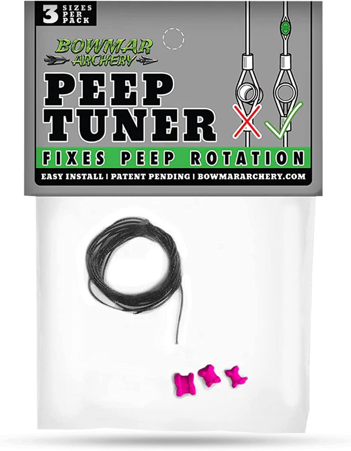Bowmar Archery Peep Tuner pack for fixing peep rotation, includes black string and pink pieces.