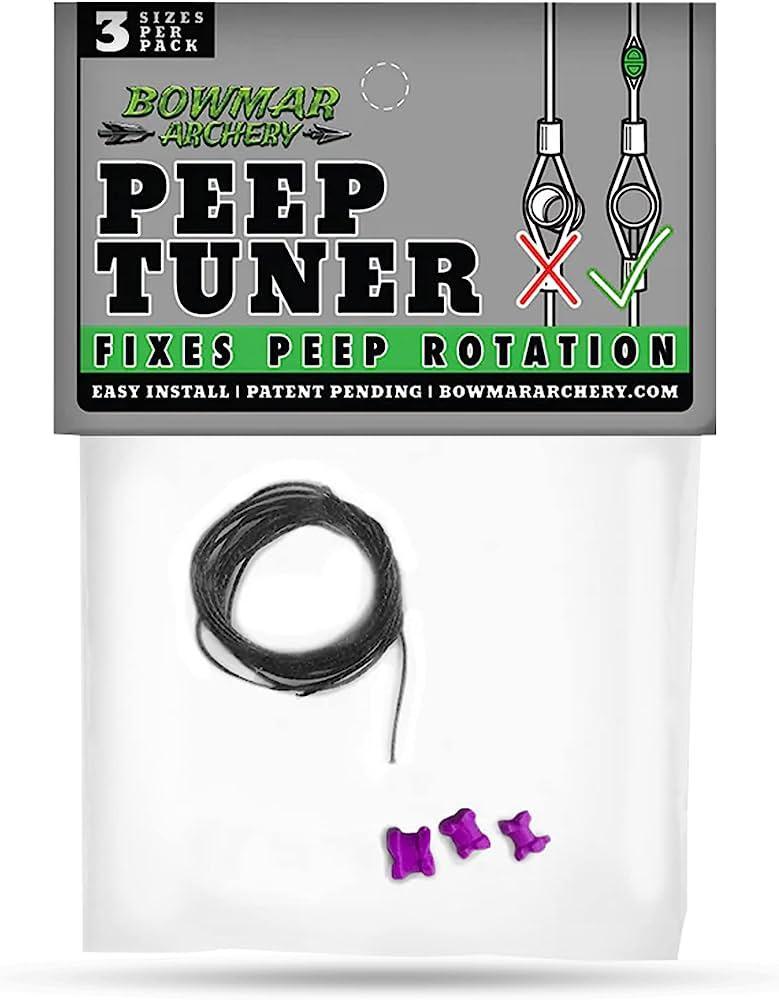Bowmar Archery Peep Tuner package with string and three purple peep rotation adjusters