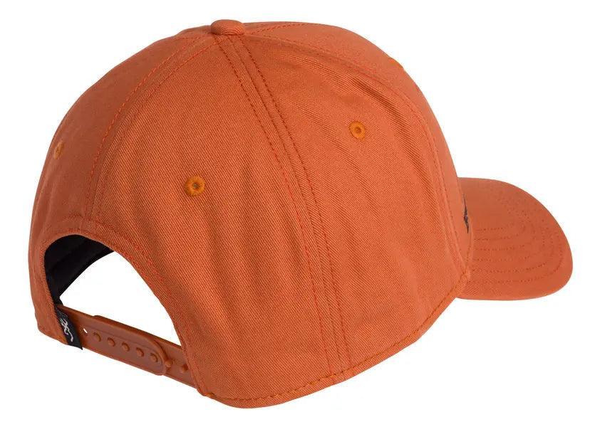 Orange Browning adjustable snapback cap rear view on white background