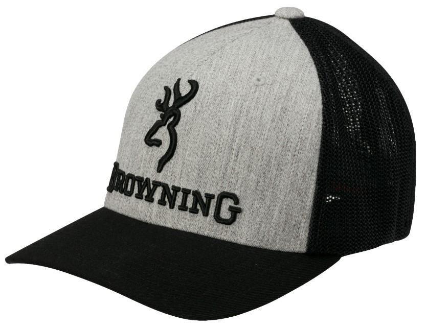 Browning branded heather gray and black mesh flexfit cap with embroidered deer logo