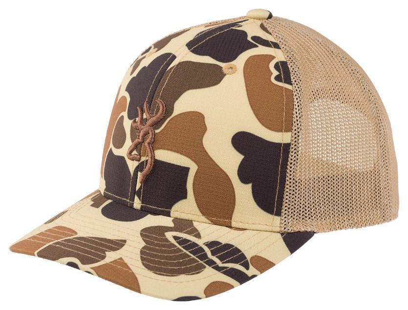 Browning Cupped Up Mesh Cap in Vintage Tan camo with breathable mesh back and Flexfit 110 snapback closure