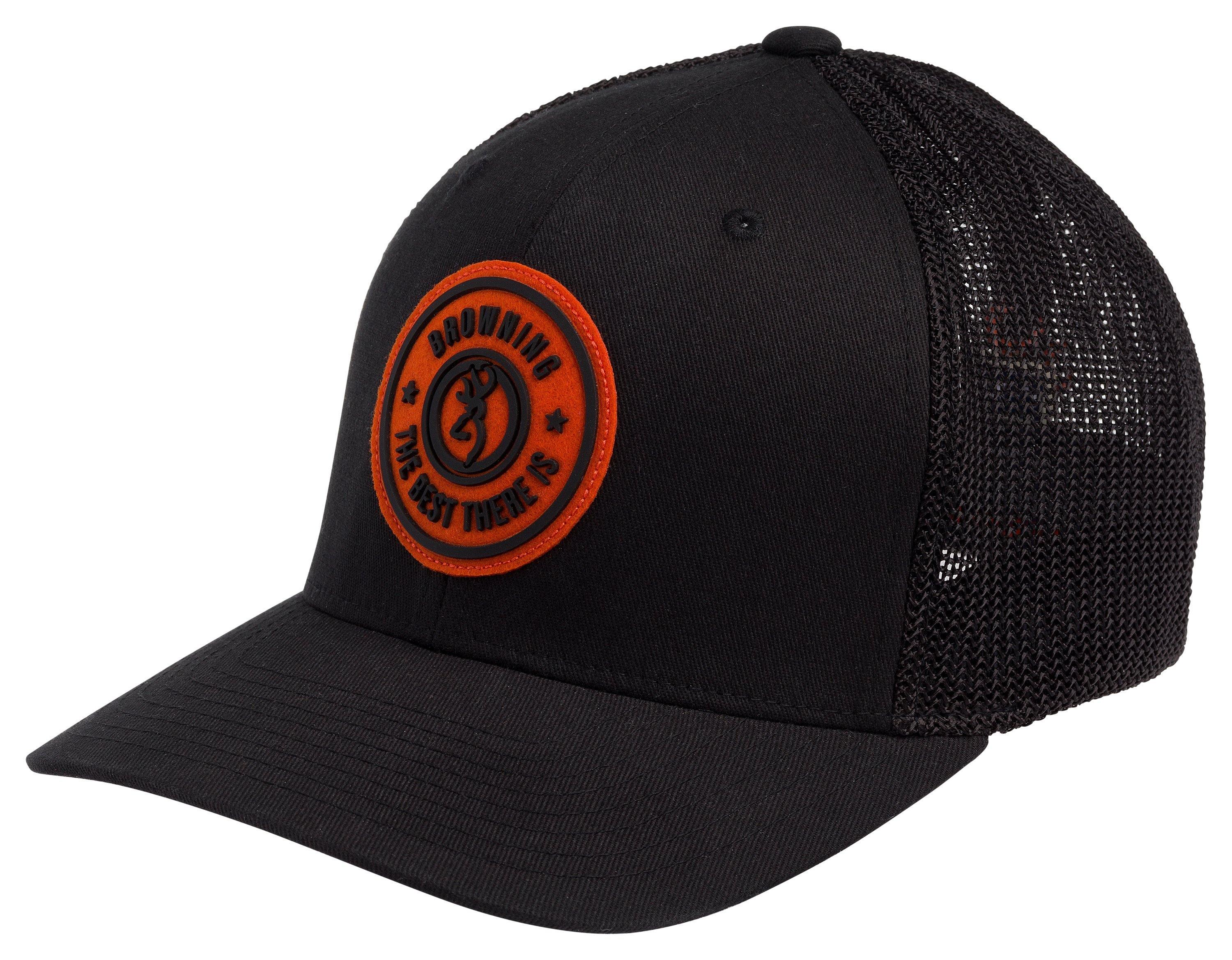 Black Browning trucker cap with orange logo patch and mesh back
