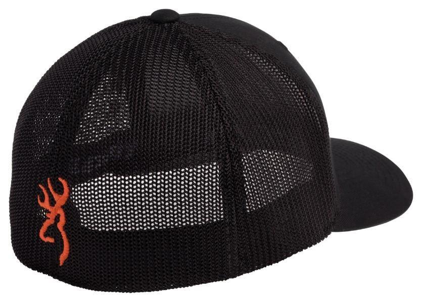 Black mesh trucker cap with orange Browning logo on back panel