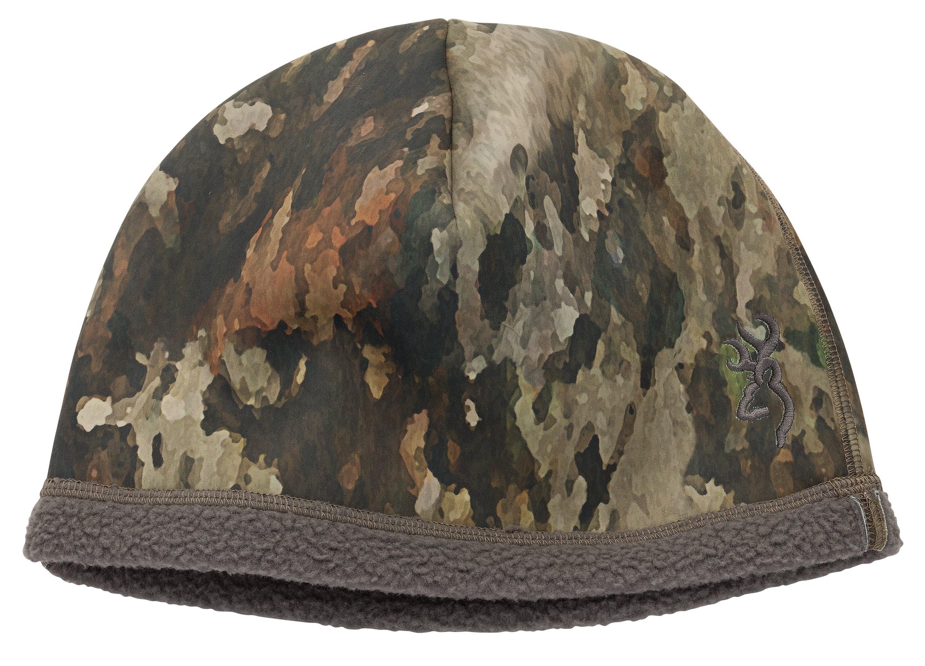 Browning Hellfire fleece beanie in A-TACS camo with embroidered logo and grey fleece trim