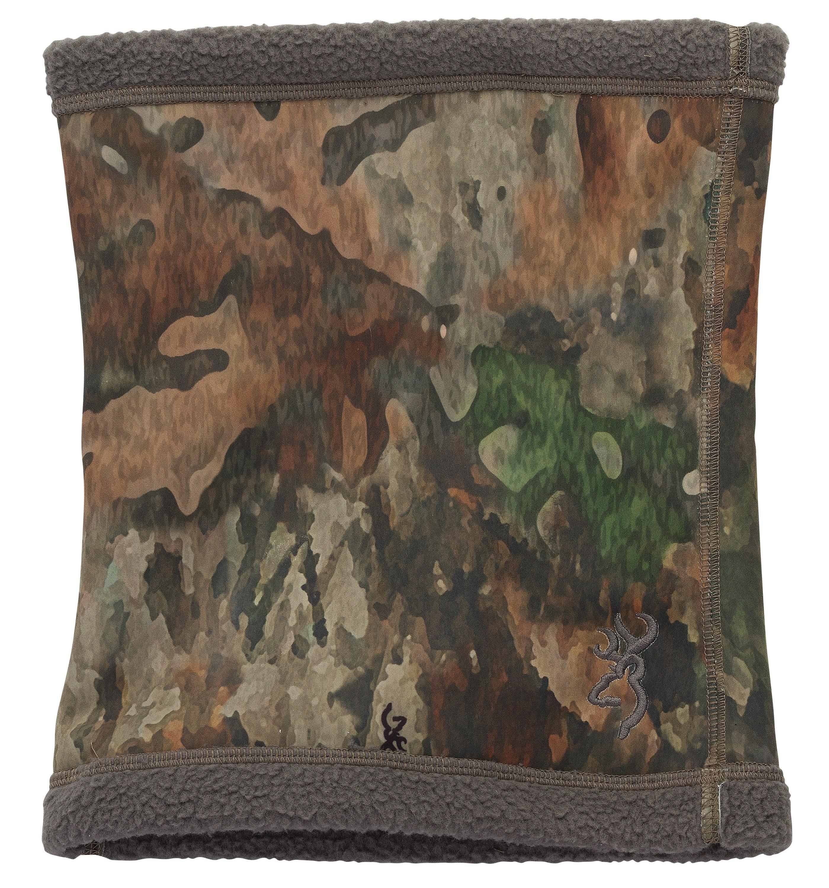 Browning Hellfire fleece gaiter in A-TACS camo pattern with embroidered logo, outdoor gear