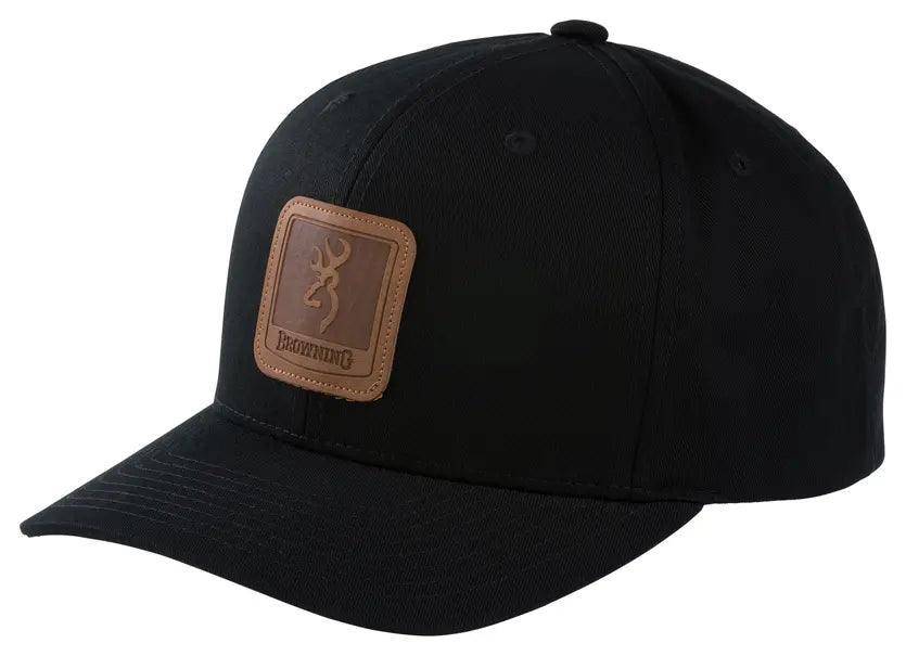 Black Browning snapback cap with brown leather patch and logo on front