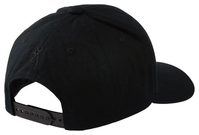 Black Browning snapback cap with embroidered logo and adjustable strap, rear view