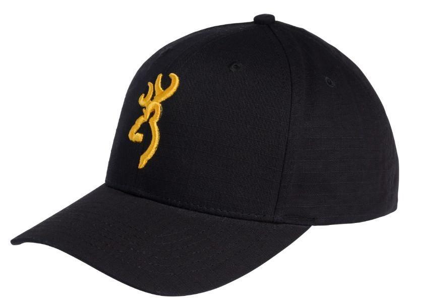 Browning men's black and gold cap with yellow embroidered logo on front.
