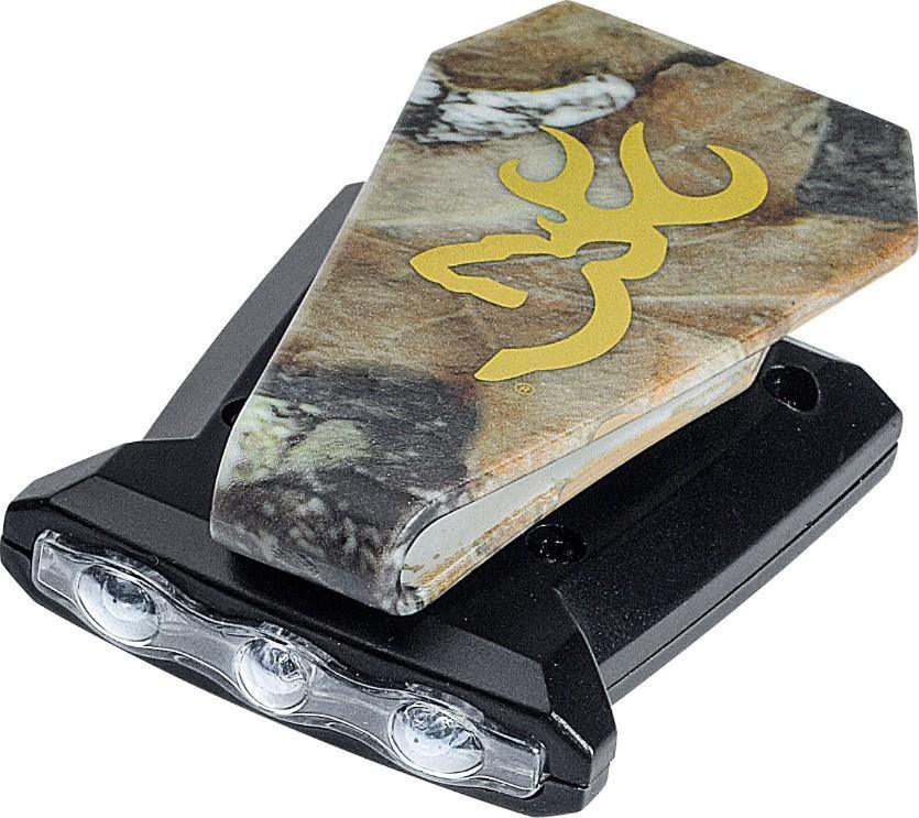 Browning Night Seeker RGB camo cap light with three LEDs and yellow Browning logo