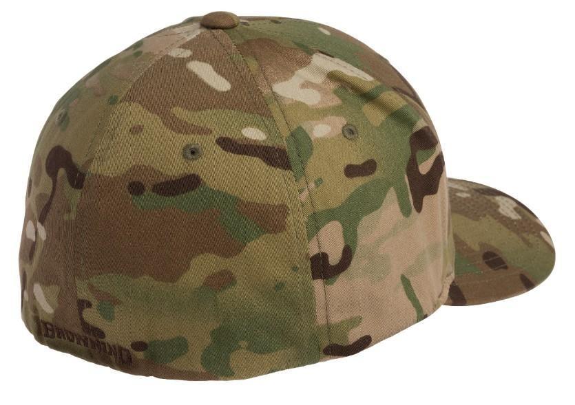 Browning Phantom Multicam cap in tan camouflage pattern, rear view on white background