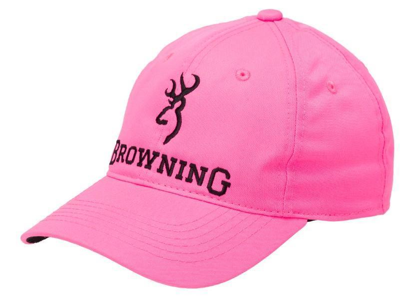 Bright pink Browning cap with black deer logo and embroidery on front