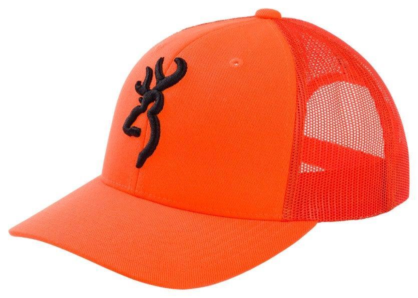Blaze orange Browning trucker cap with black Buckmark logo and mesh back
