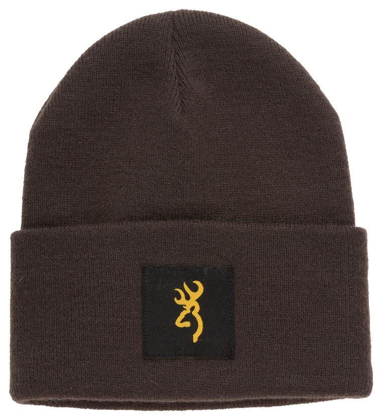 Brown knit beanie with yellow Browning deer logo patch on the front