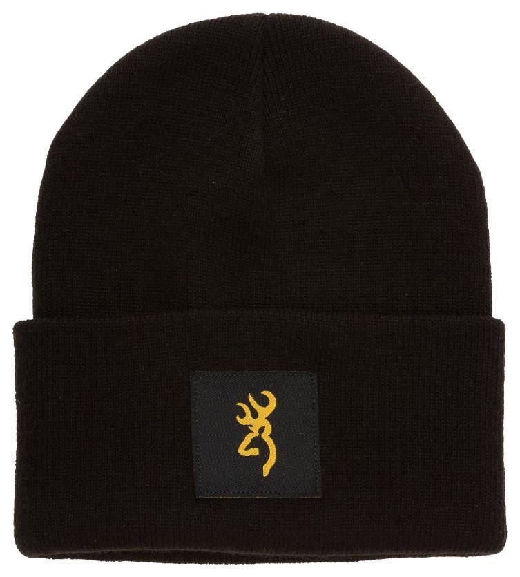 Black Browning beanie with yellow deer logo patch on front