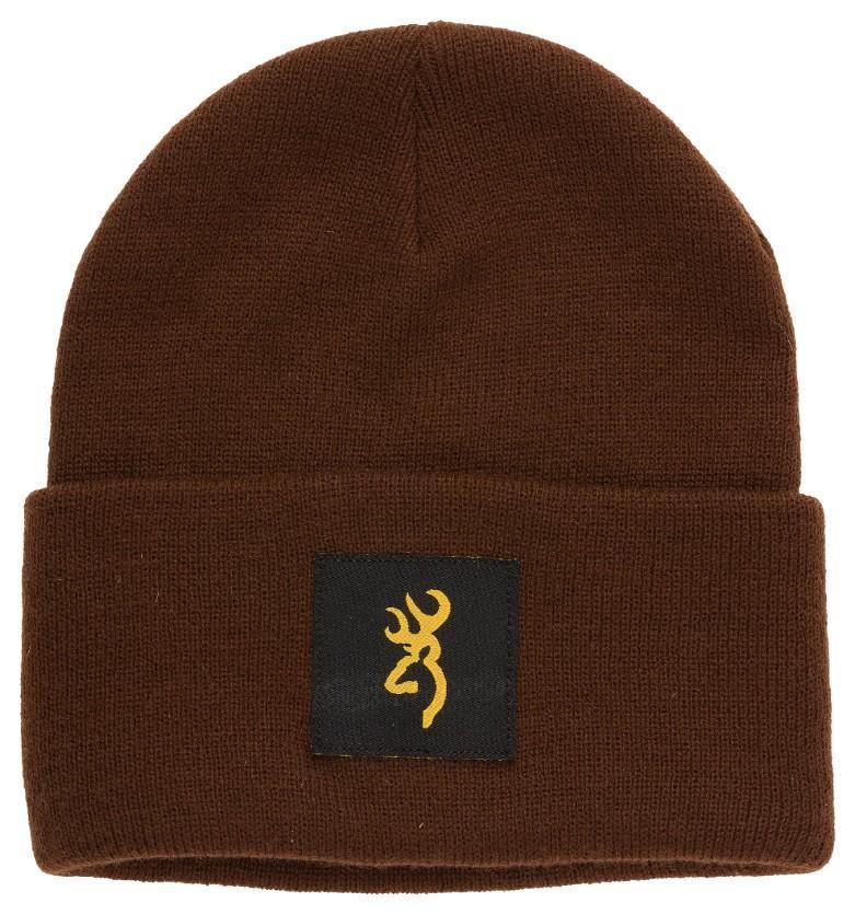 Brown knit beanie with yellow Browning deer logo patch on front cuff