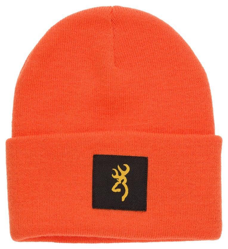 Orange knit beanie with black patch featuring yellow deer head logo, Browning outdoor hat