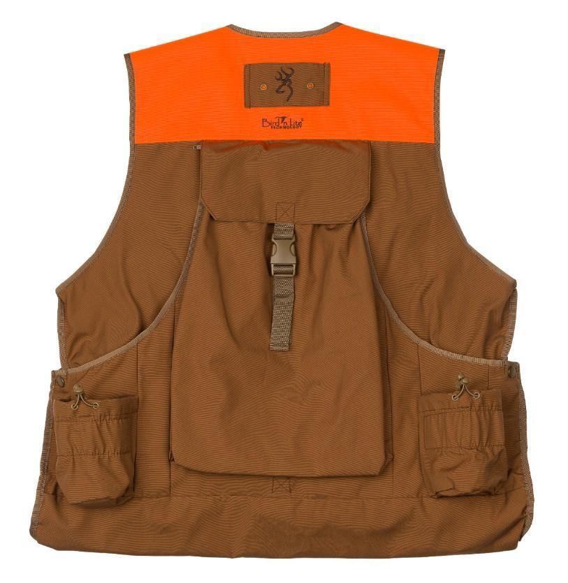 Browning Upland Bird N-Lite Vest 2.0 in brown and blaze orange with rear pockets and logo.