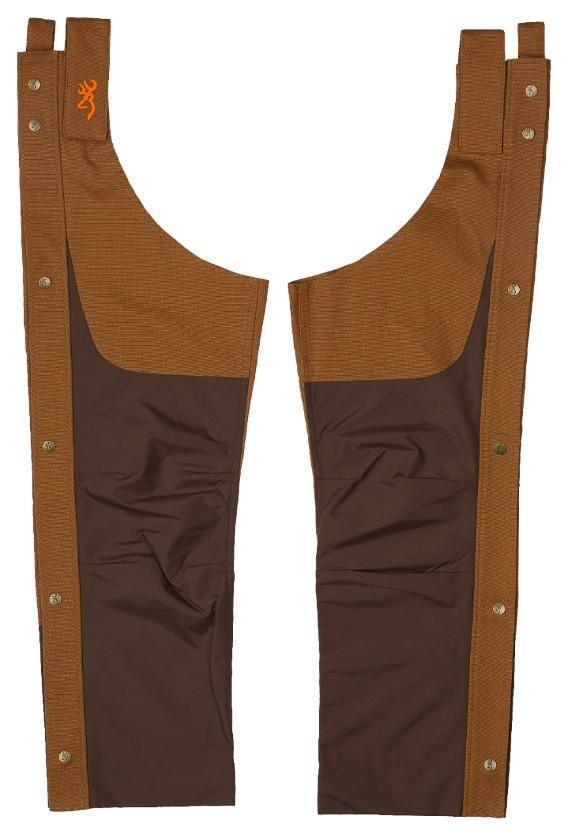 Brown Browning upland hunting chaps with button closures and logo, outdoor apparel
