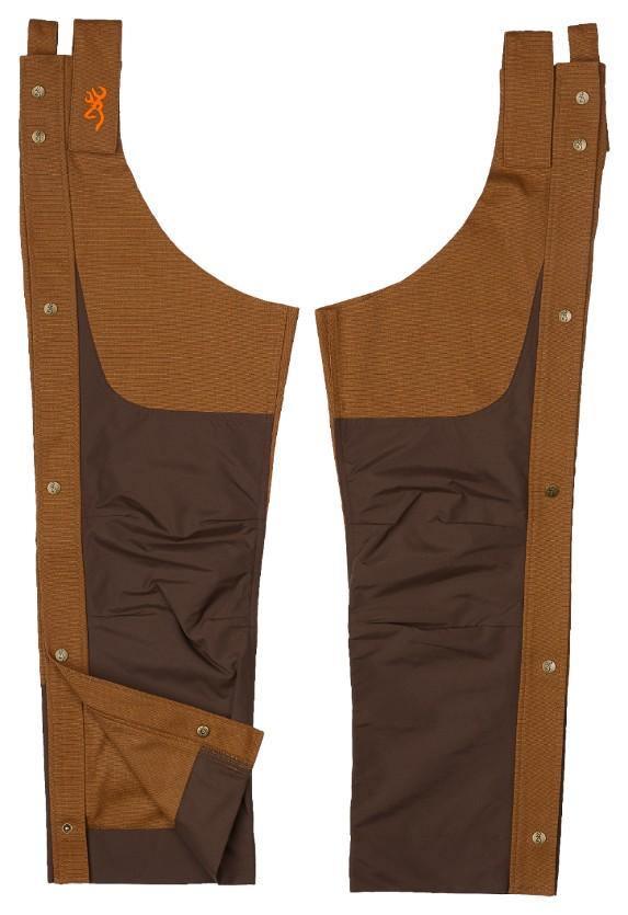 Browning upland hunting chaps in brown with button snaps and embroidered logo