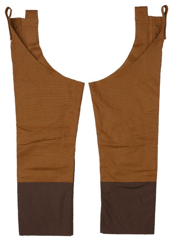 Brown Browning upland chaps with reinforced dark brown lower legs on white background