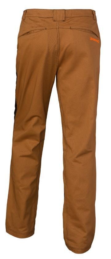Brown Browning upland denim pant with orange logo, rear view on white background