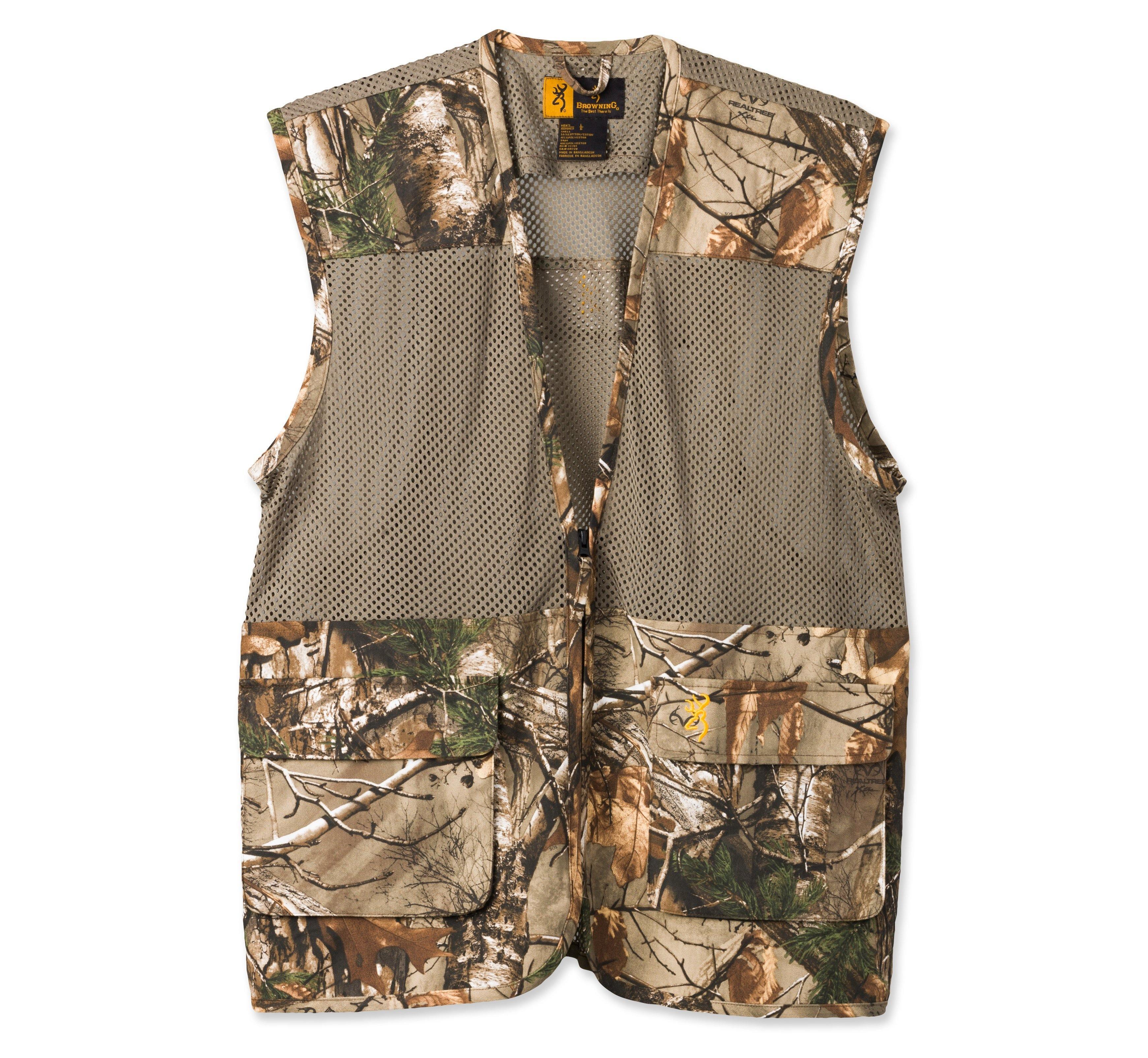 Browning camo upland dove vest with mesh panels and large front pockets, outdoor hunting gear