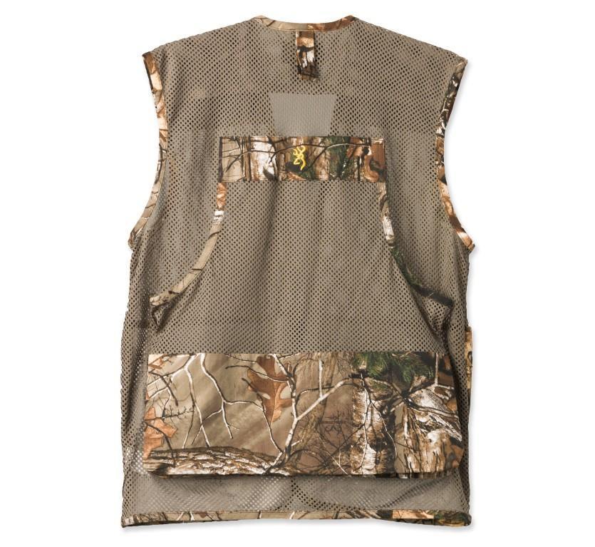 Back view of a Browning upland dove hunting vest with mesh fabric and camouflage pockets