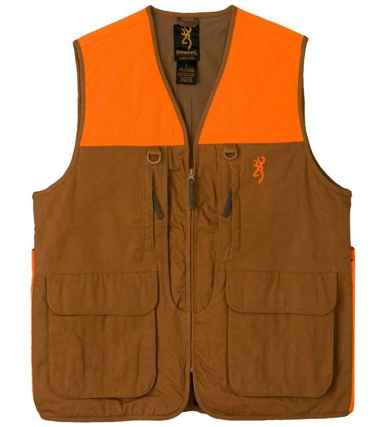 Browning upland hunting vest with orange yoke, zip front, and large front pockets