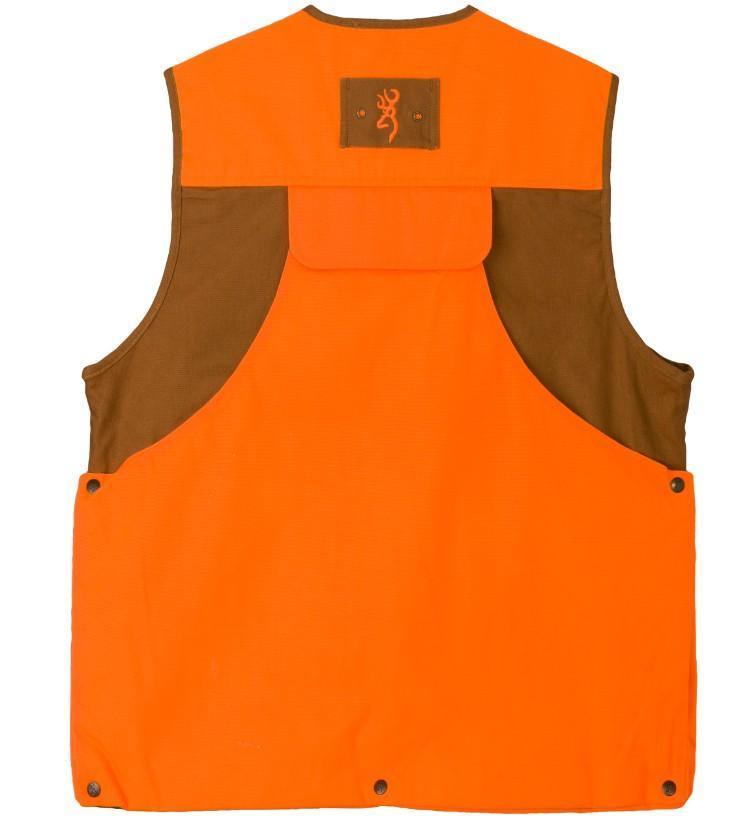 Browning orange and brown upland hunting vest with logo patch, back view