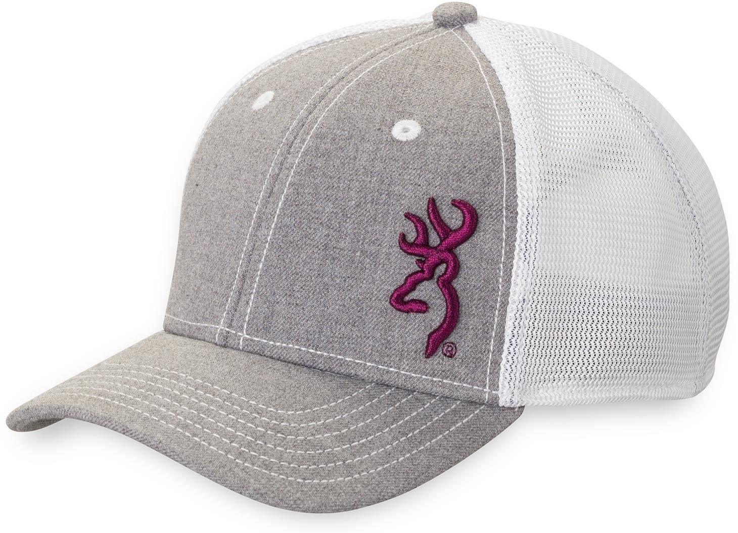 Gray and white Browning women's cap with purple deer logo and mesh back