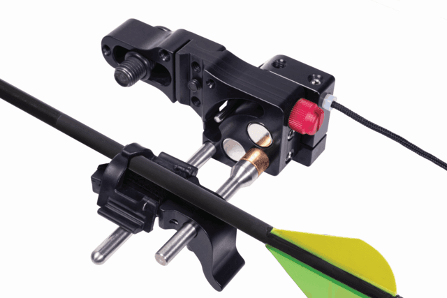 Black Magne Drop arrow rest with arrow, yellow fletching, and mounting hardware