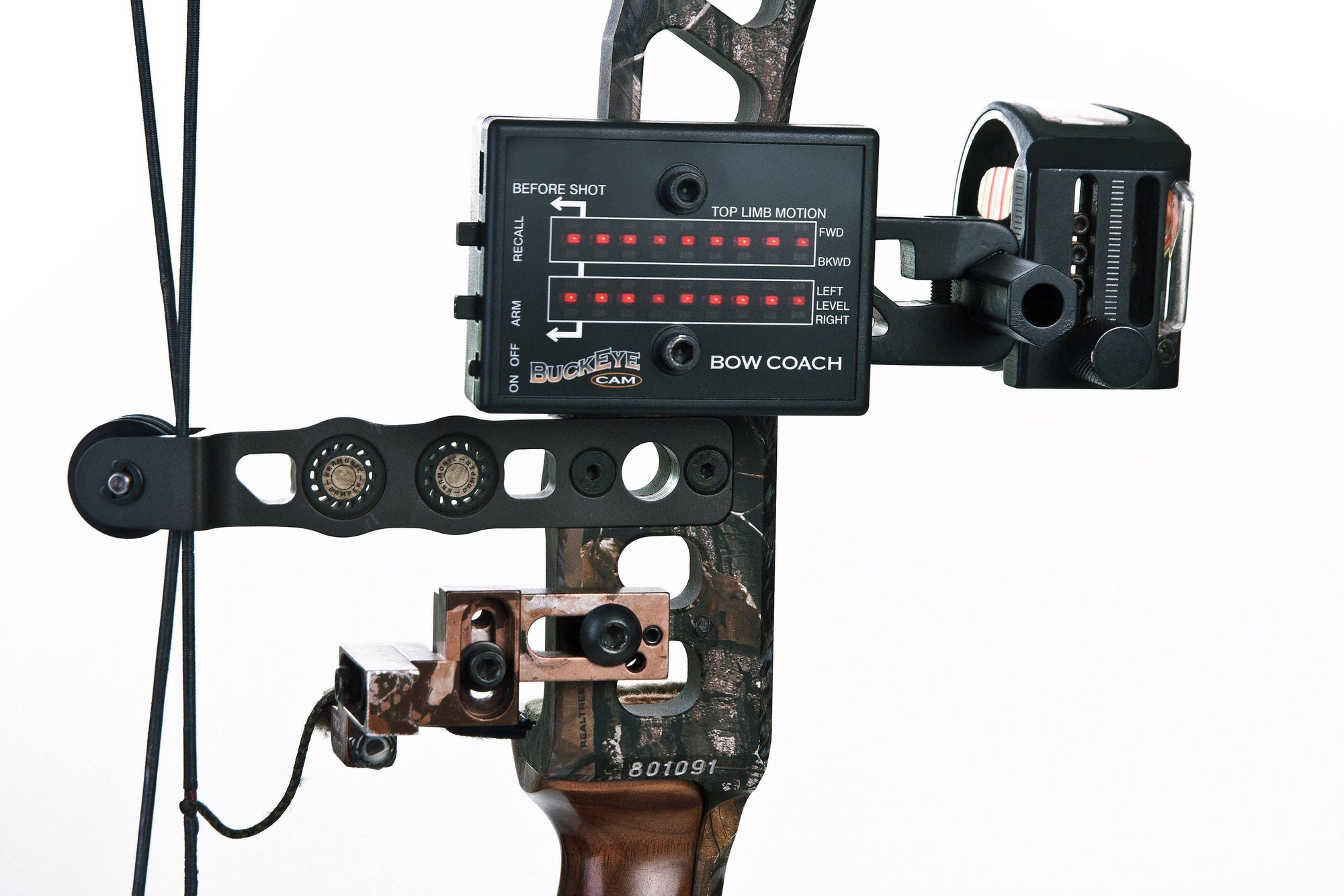 Buckeye Cam Bow Coach kit mounted on camouflage archery bow with digital limb motion display