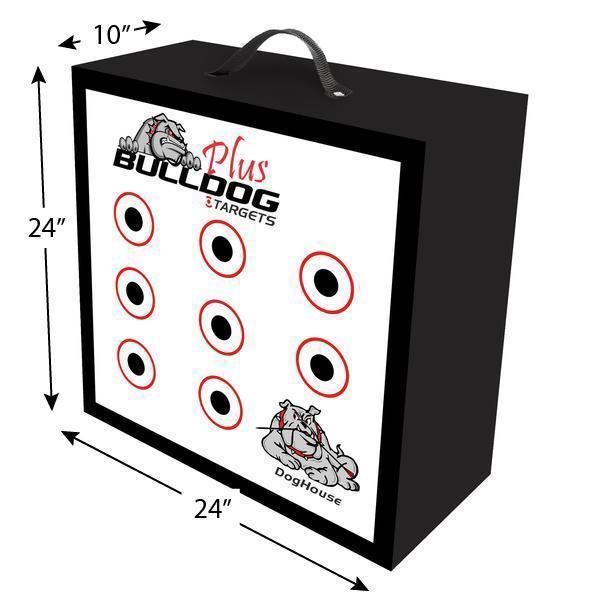 Bulldog Doghouse archery target block with handle, nine bullseye targets, 24x24x10 inches.